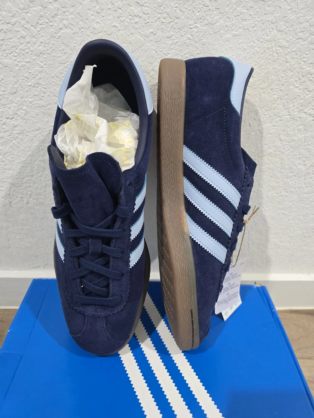 adidas Men’s Gazelle Suede Sneakers in Navy with Light Blue Stripes